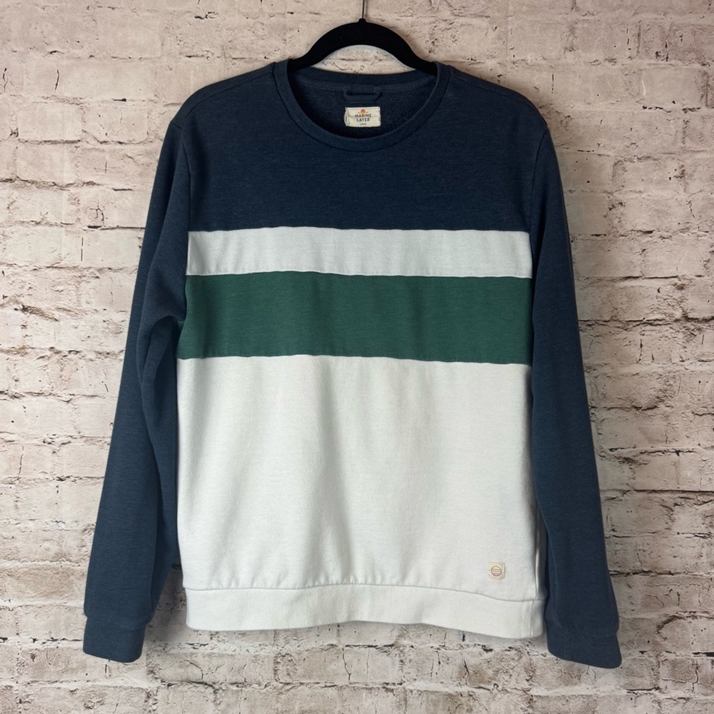 Marine Layer Men's Large Jordan Color Block Stripe Crewneck Sweater Navy Green L